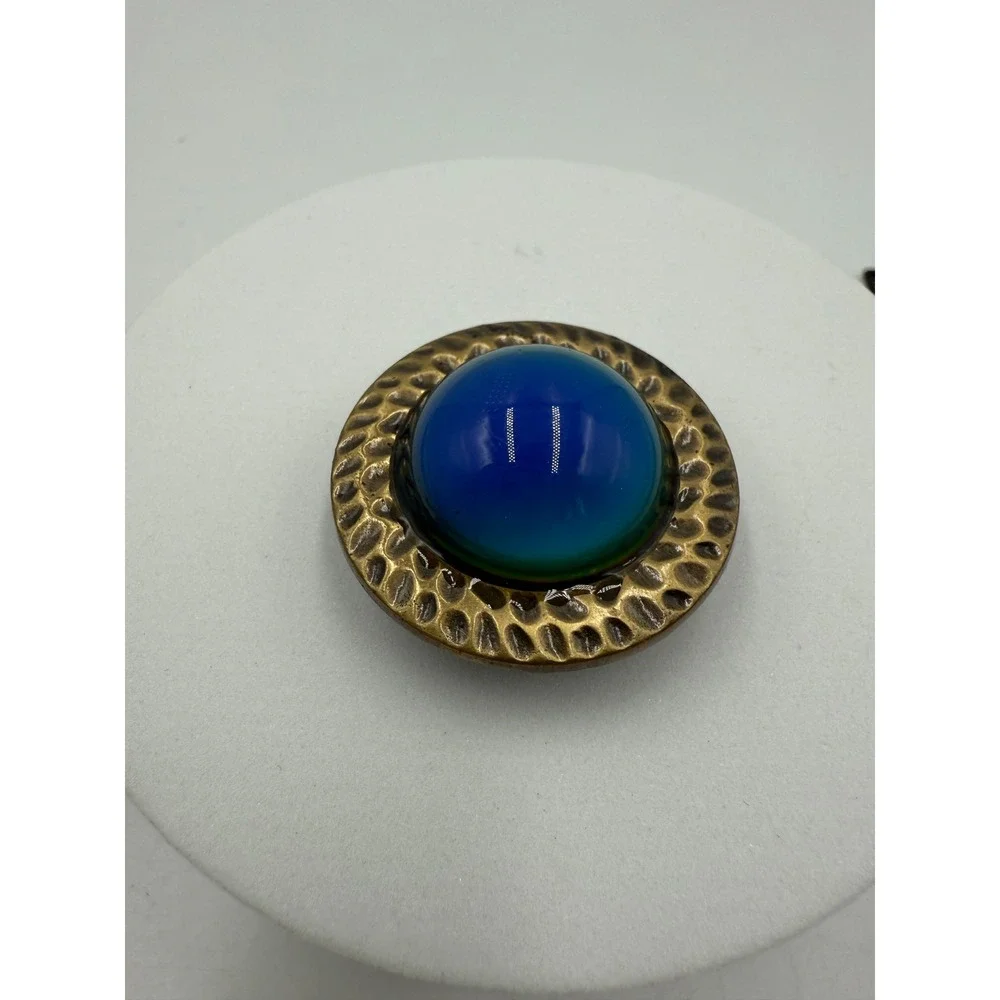 Vintage Style Mood Ring L Blue Green Color Change Hammered Brass Stretch Band